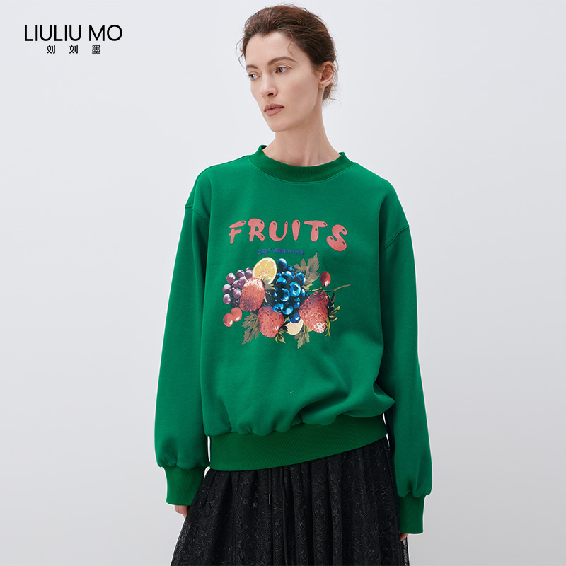 女圆领绿色水果印花卫衣女士春秋休闲时尚女装宽松长袖潮流上衣