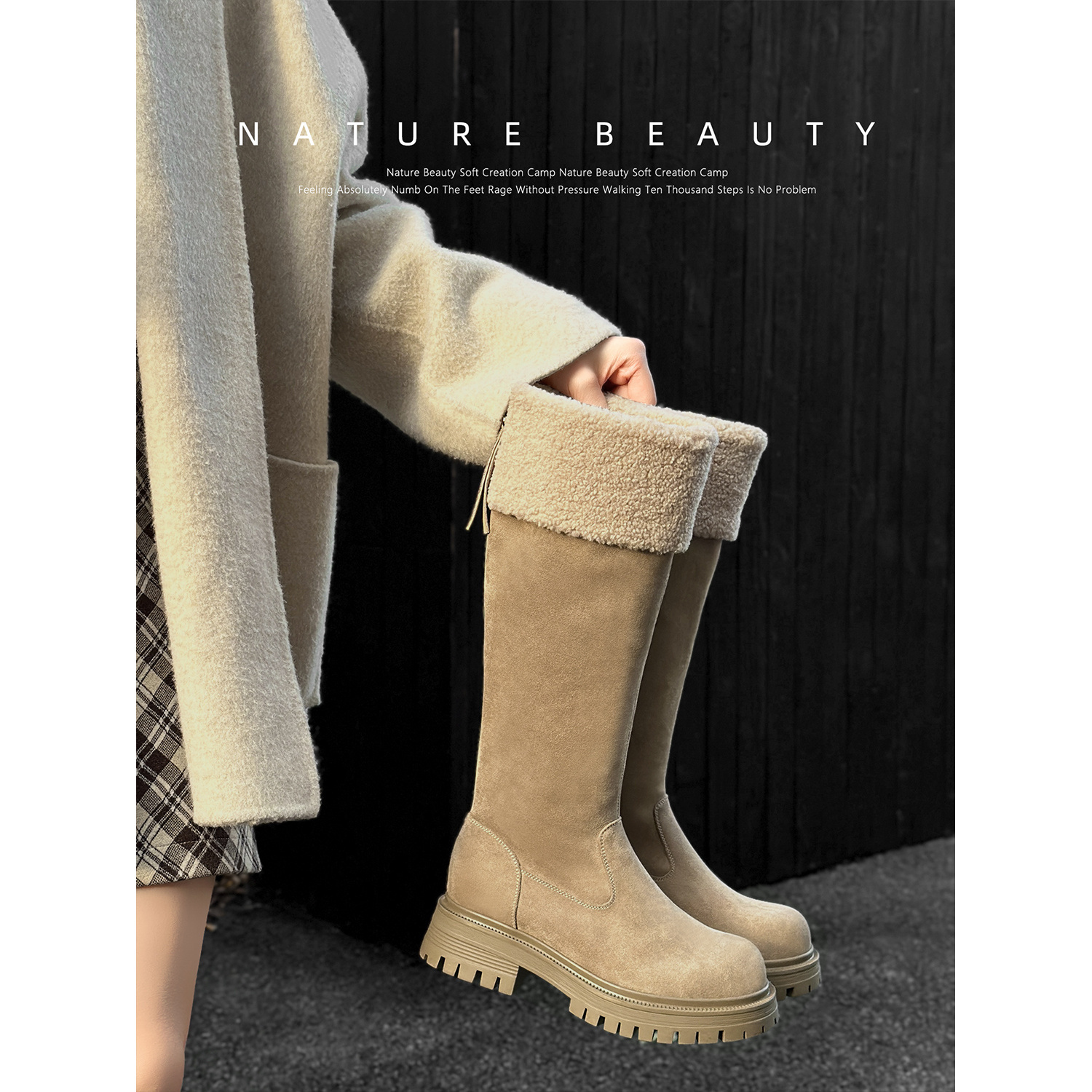 自然卷长筒雪地靴2025冬季粗跟靴子加厚保暖后拉链复古骑士靴棉靴