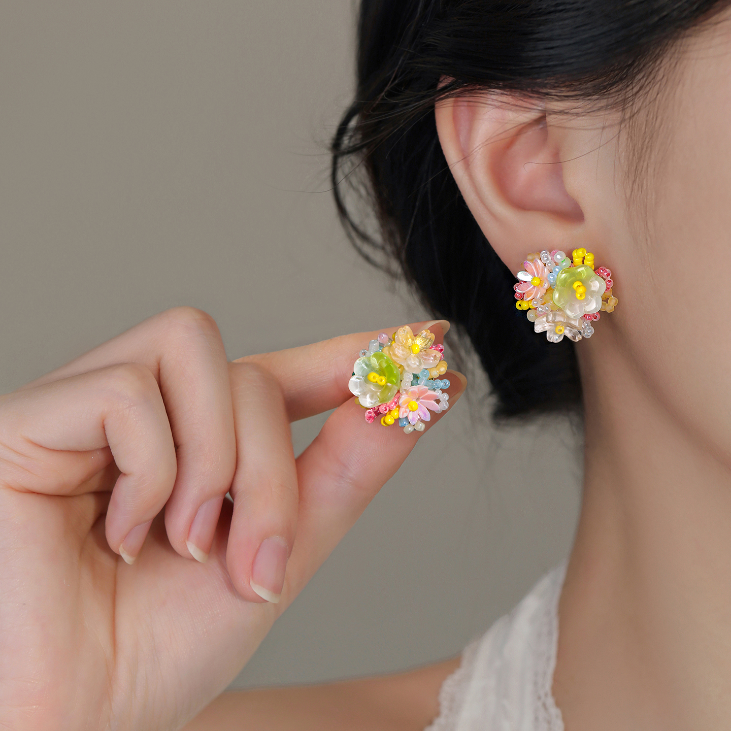 足银亚克力耳饰 999银针多巴胺花朵耳钉少女彩色小众清新甜美气质