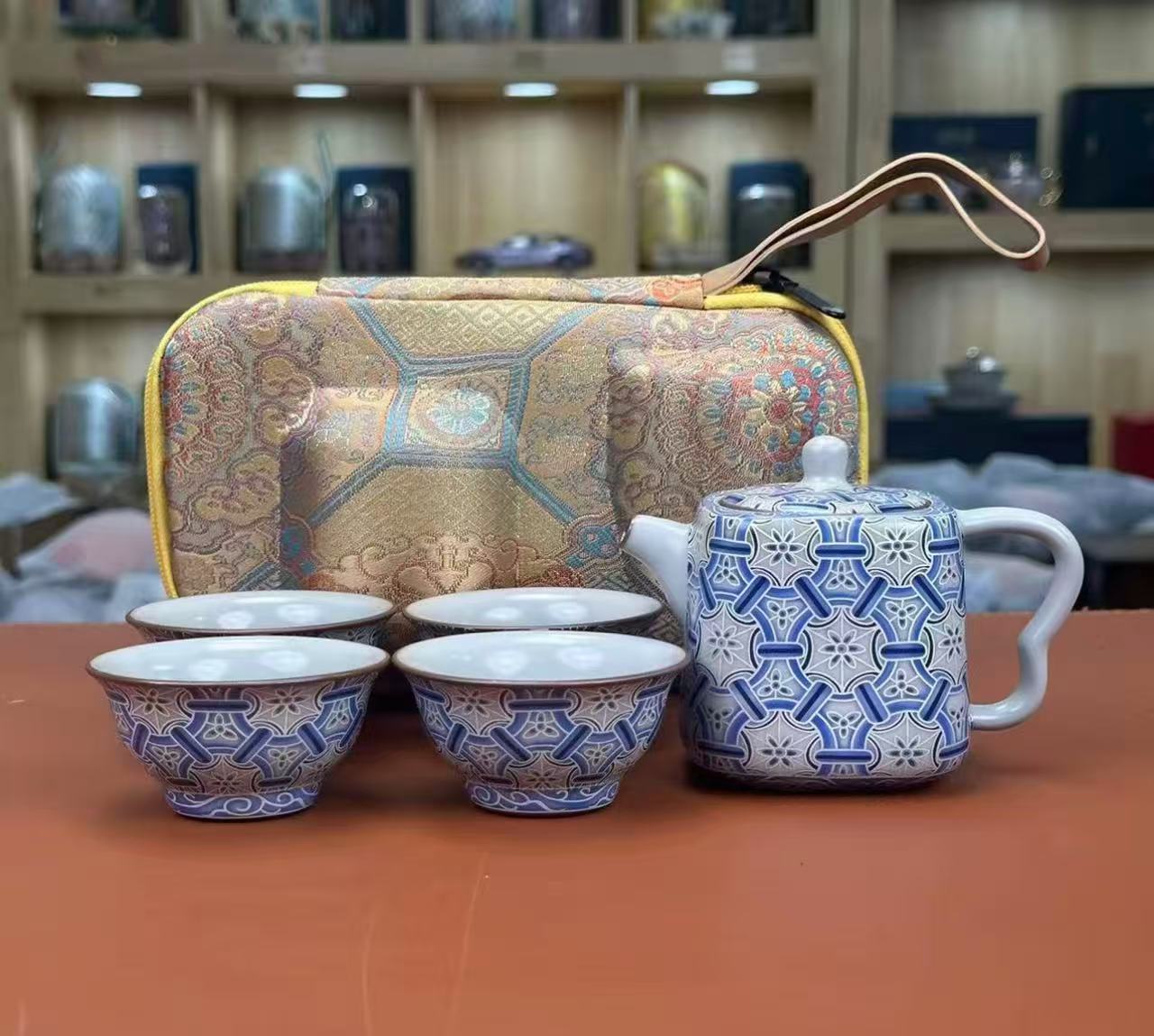 四方壶当代汝窑【龟背纹】一壶4杯（礼盒装）