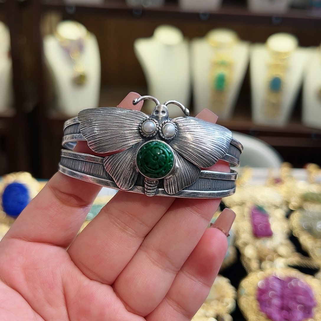 翡翠手镯银S925镶嵌古风