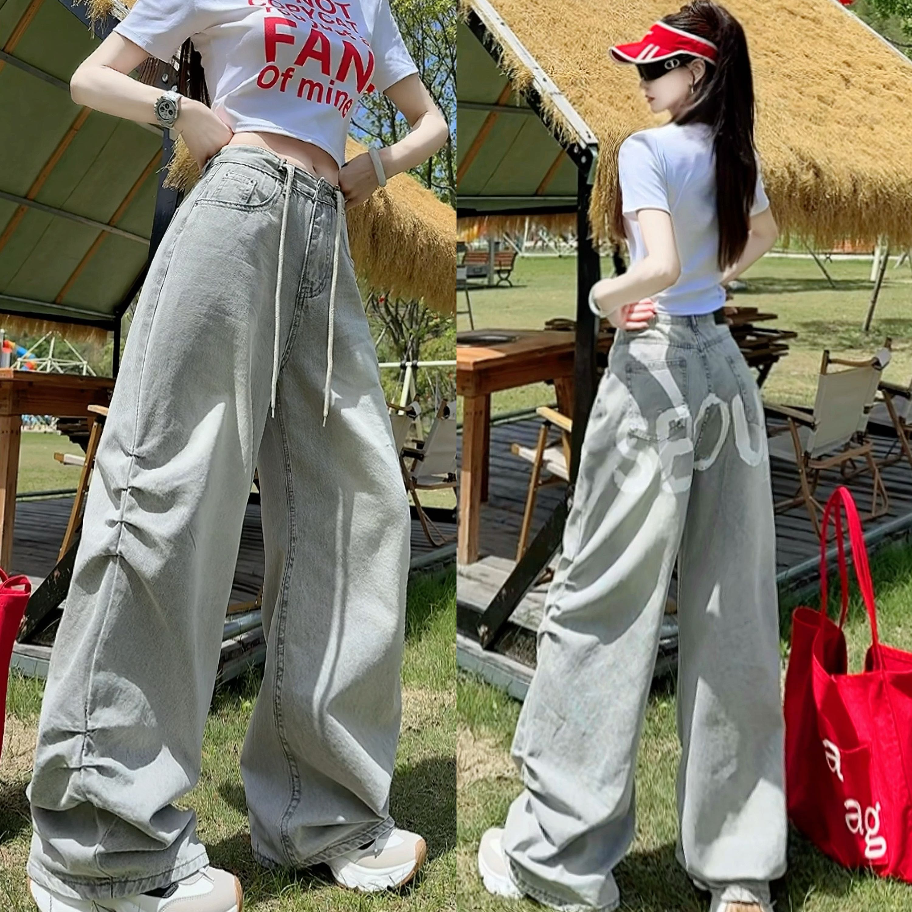 【大大梨】美式复古做旧阔腿宽松直筒显瘦阔腿牛仔裤didL6309