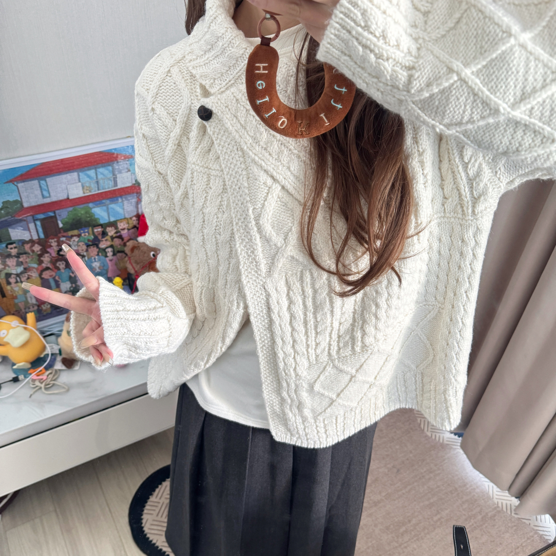 韩版慵懒风高级感翻领麻花宽松针织毛衣开衫秋冬外搭