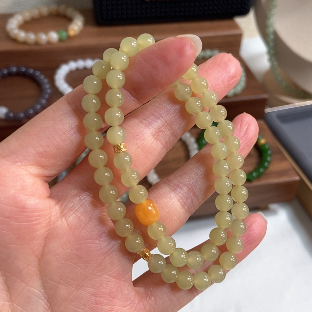 和田玉手链银S925镶嵌6mm黄口双圈福利