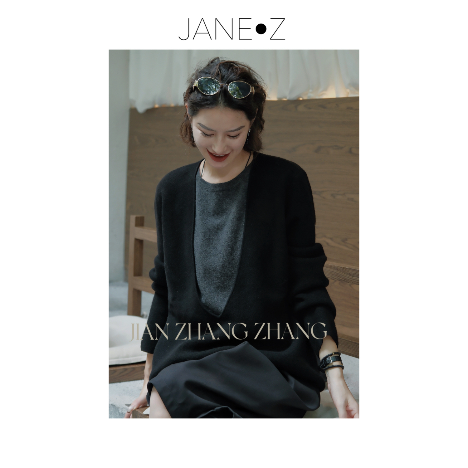 【黑调风情】100%澳洲羊毛假两件针织开衫黑灰撞色高级感毛衣JZ7436