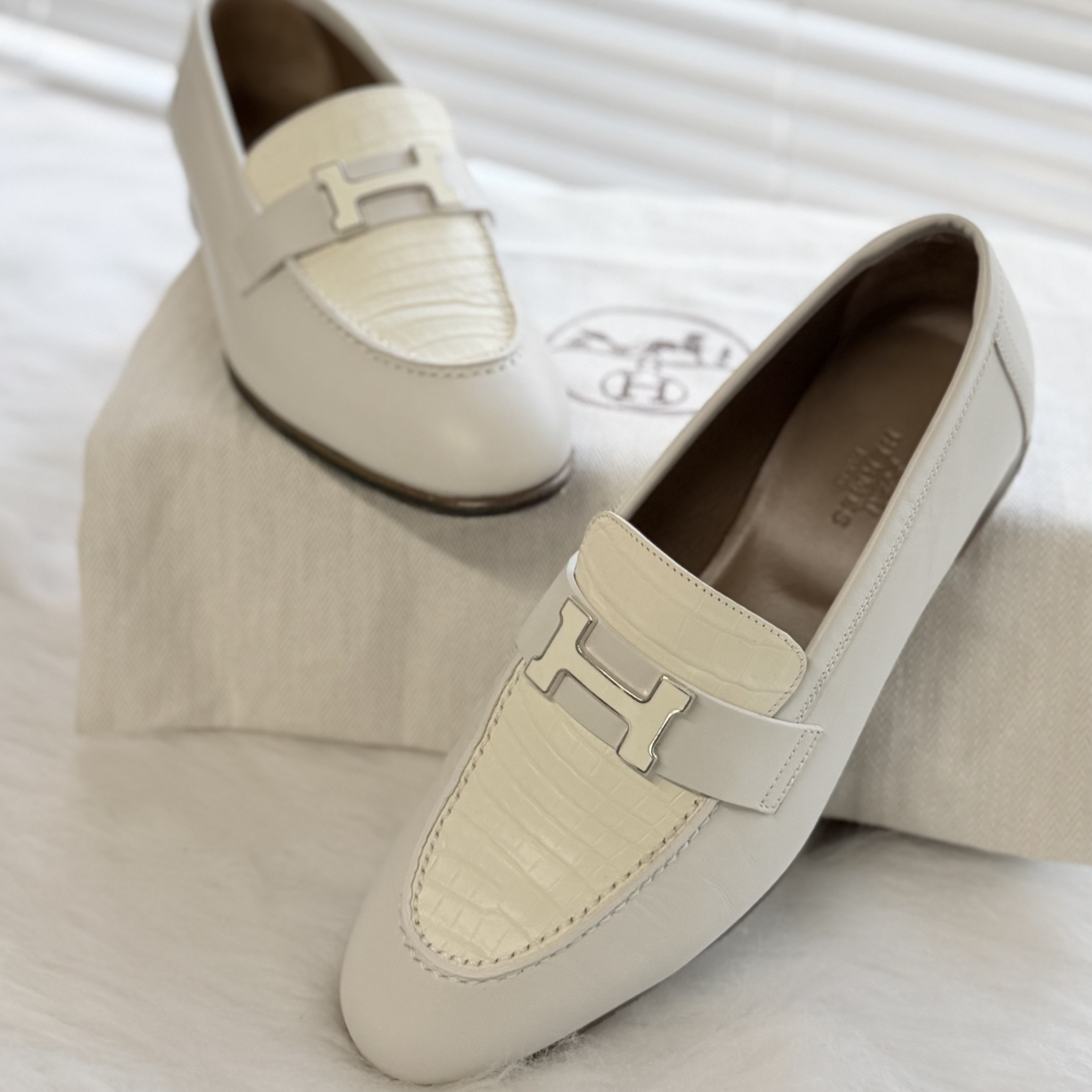 99新 Hermes/爱马仕 鳄鱼皮拼皮乐福鞋 36.5码 公价3.5w j1227