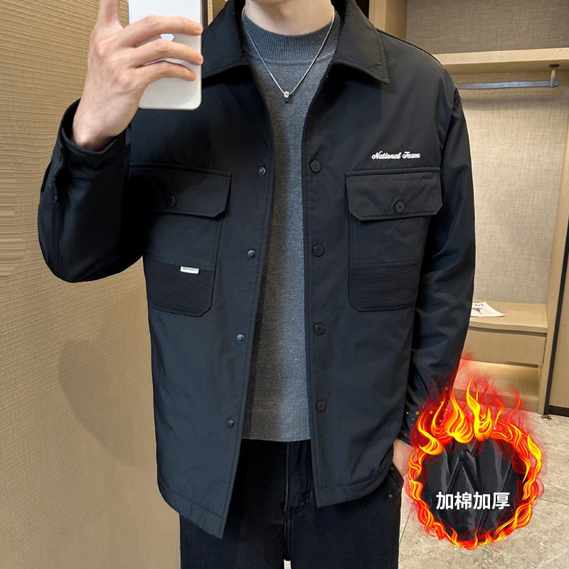 新款男士秋冬百搭休闲时尚潮流加厚气质加棉翻领夹克外套修身保暖