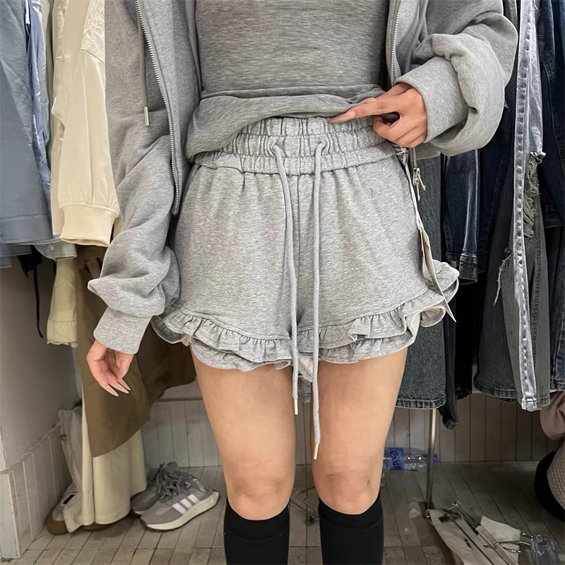 现货·韩国正版PL韩版时尚设计感89609松紧腰木耳边休闲短裤