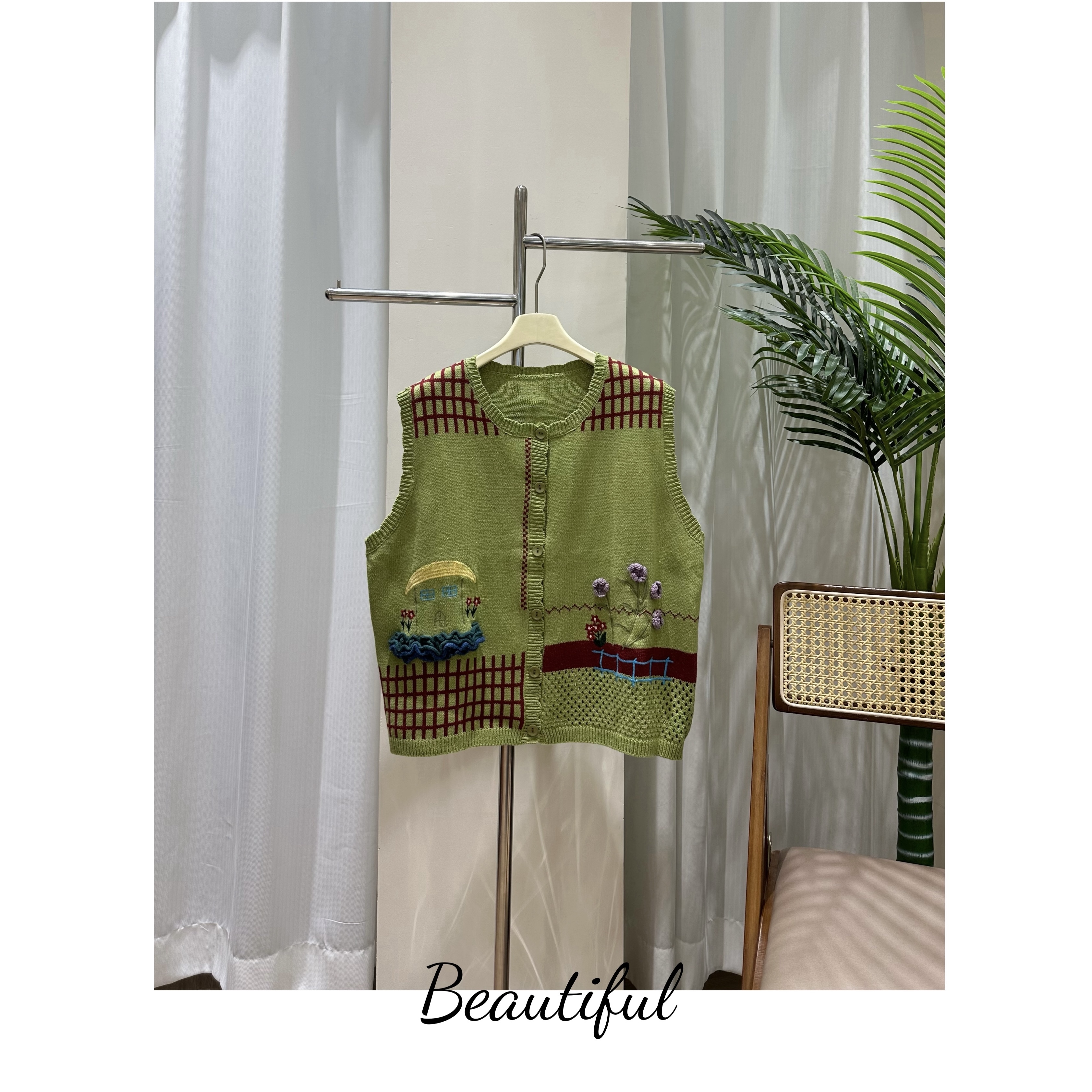 新款大码重工立体刺绣针织马甲棉线洋气百搭