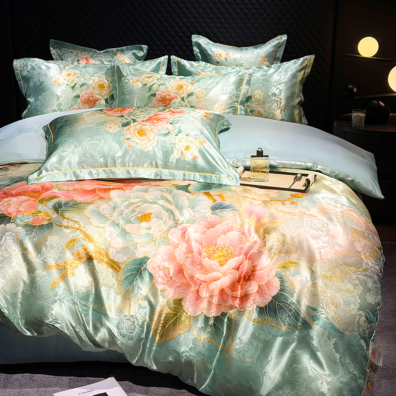 【老板娘甄选】青瓷牡丹冬季贡缎提花四件套轻奢印花高级感床上用品