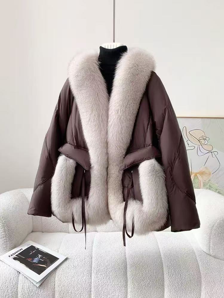 新款狐狸毛皮草毛领鹅绒服洋气时尚保暖       抽绳