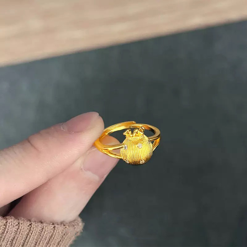 铜合金合成锆石戒指 不掉色拉丝小钱袋轻奢可调节戒指精美女指环