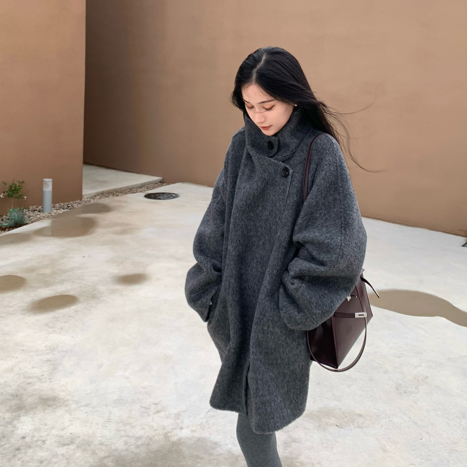 紫纨加厚双面羊毛呢外套女宽松茧型牦牛绒韩版大衣高级感2025新款