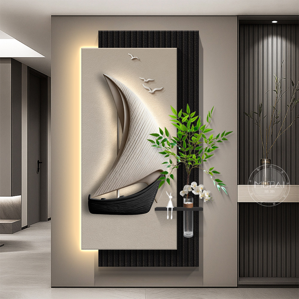 一帆风顺玄关装饰画入户正对门挂画造景高级感客厅走廊过道壁画灯