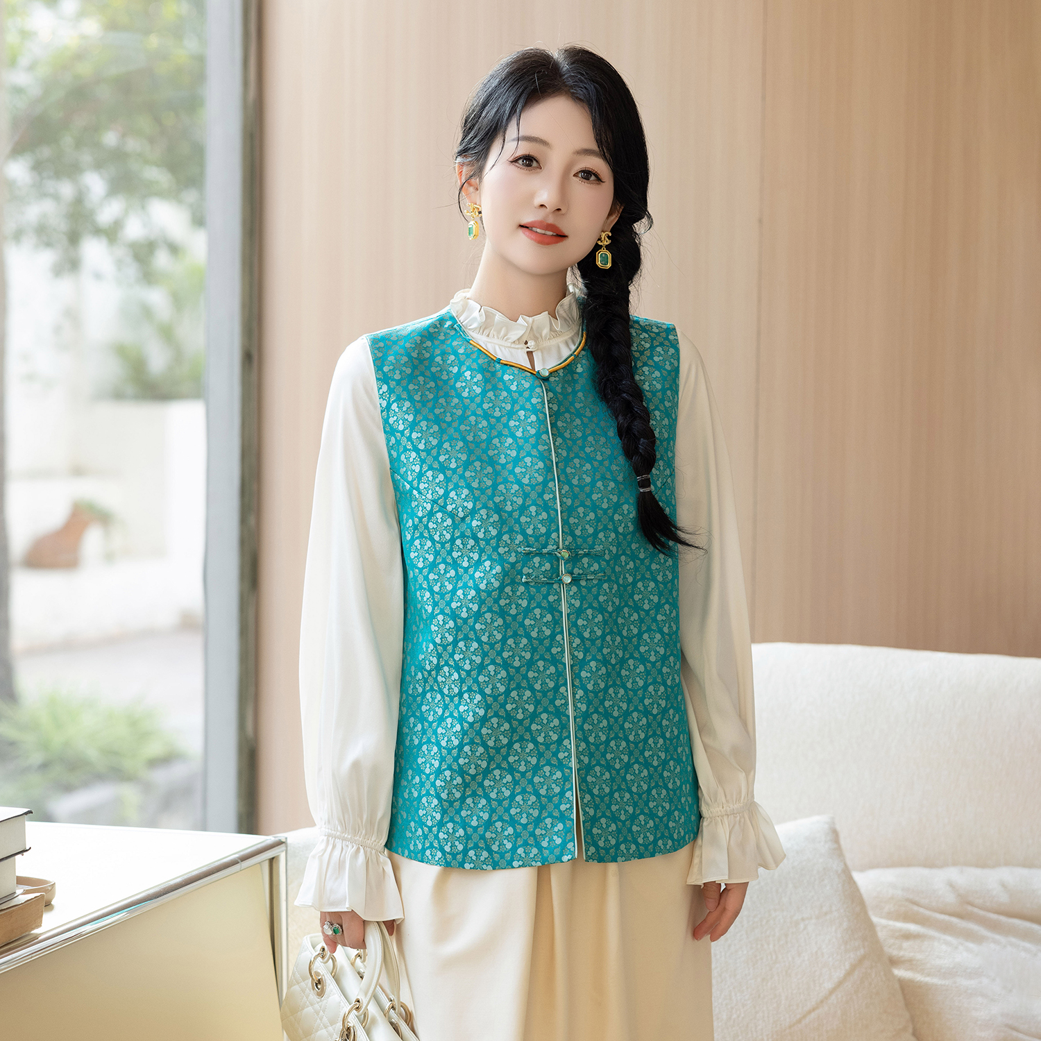 华裳格新中式上久楷松石金五葫四海圆领对花正品宋锦马甲HS1013