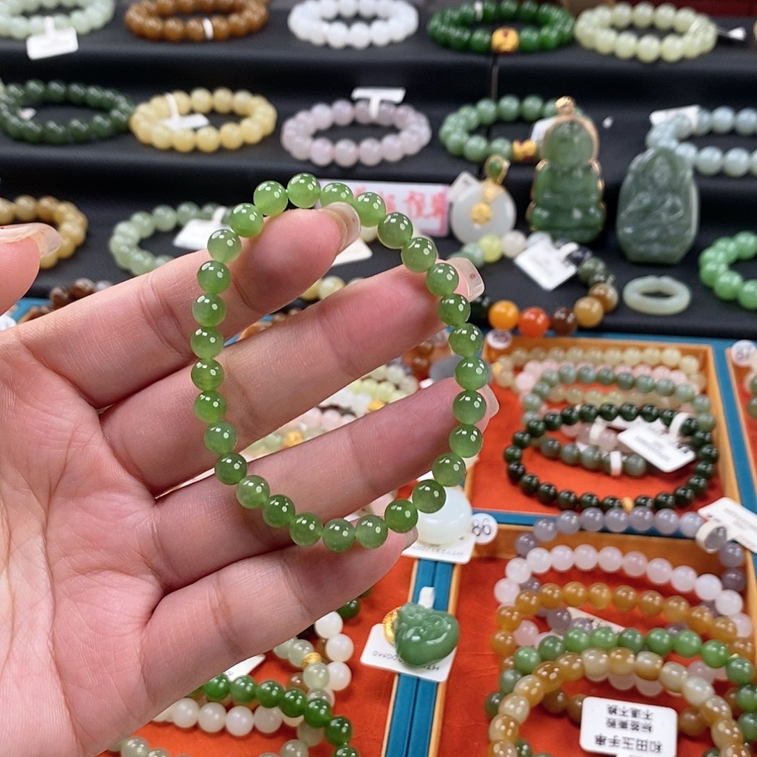 和田玉手链 6MM未镶嵌碧玉苹果绿