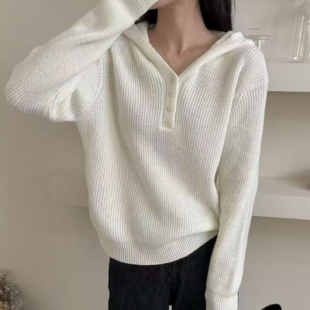 连帽针织衫秋冬落宽松休闲慵懒女针织时尚百搭纯色上衣