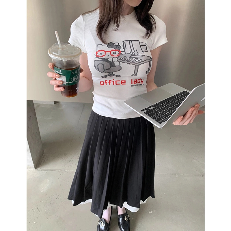 番茄妹妹Tomatosister  恶搞像素kitty印花修身白色短袖t恤上衣