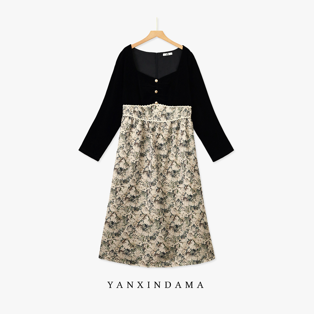 大码女装300斤胖MM复古设计感碎花拼接长袖连衣裙66463