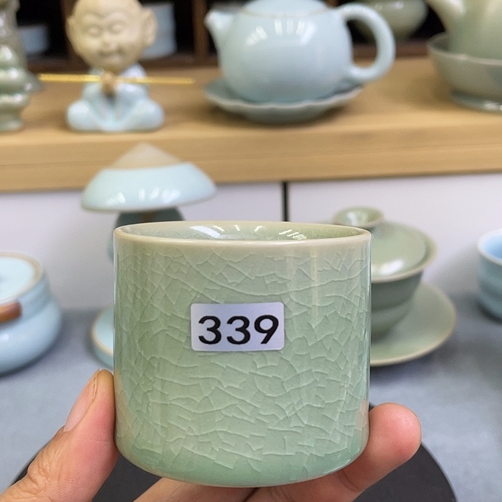 陶瓷杯子微瑕仿古绿釉扳指杯