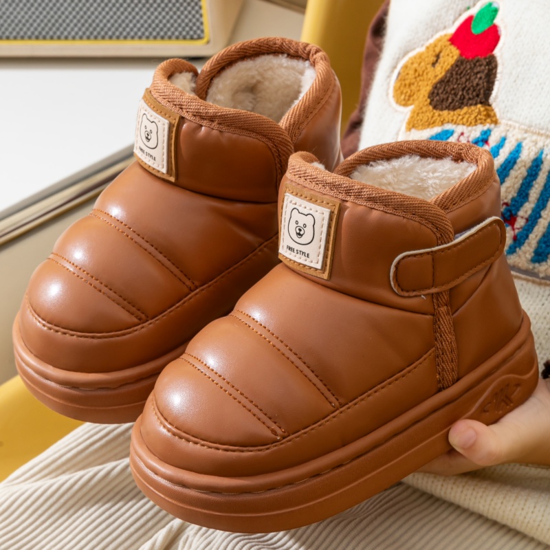 女童男童雪地靴皮面秋冬季棉鞋时尚休闲风加绒加厚保暖雪地靴棉鞋