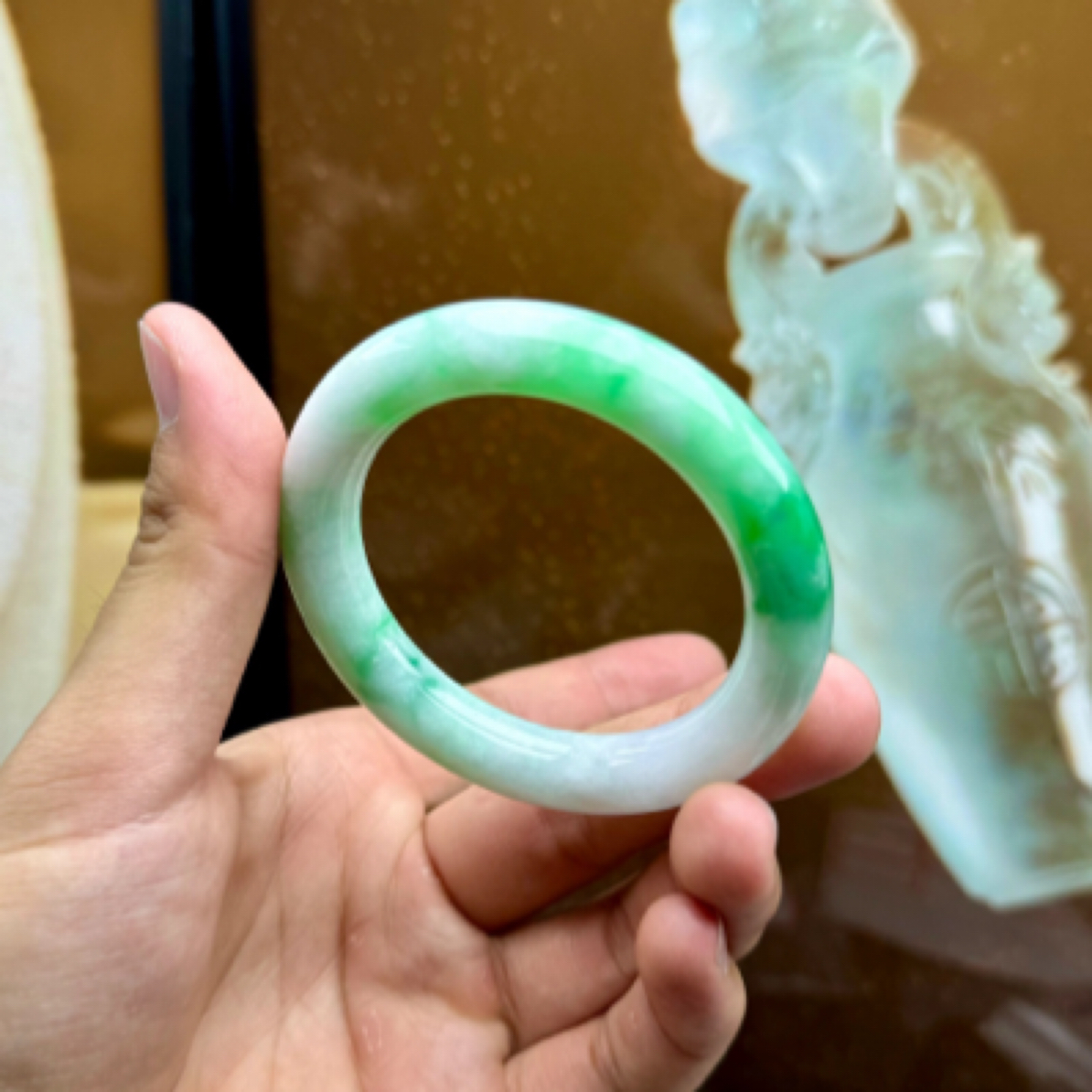 单单美 翡翠手镯白底青圆条
