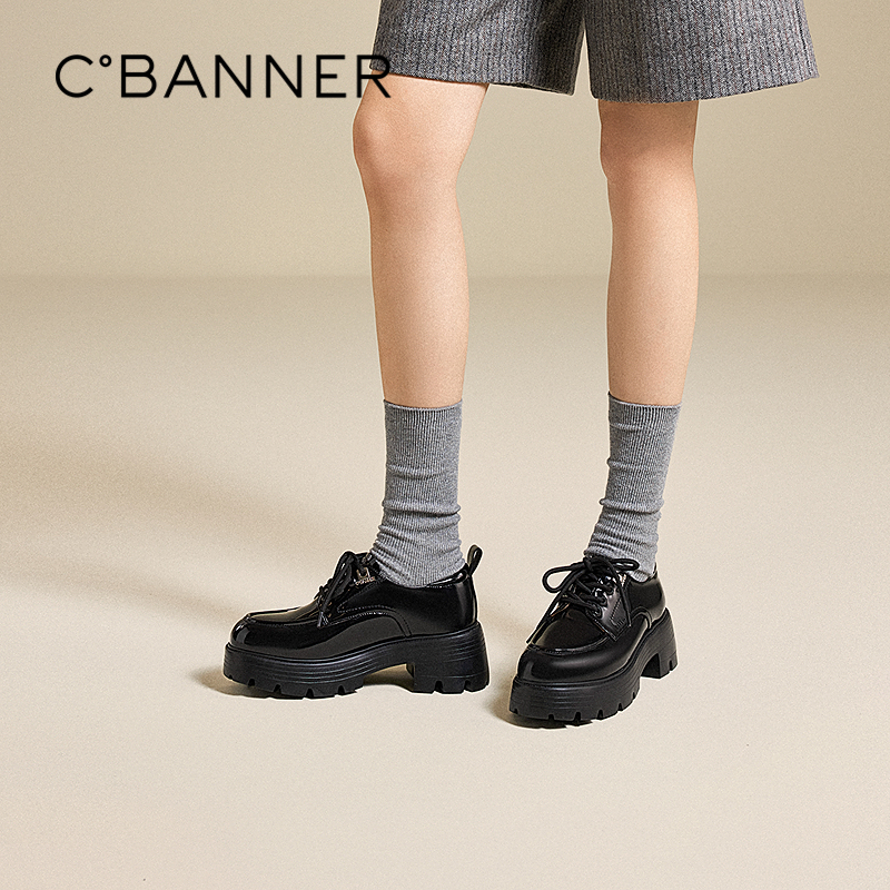 千百度厚底漆皮增高乐福鞋女2025秋季新款黑色小皮鞋深口牛津鞋A2