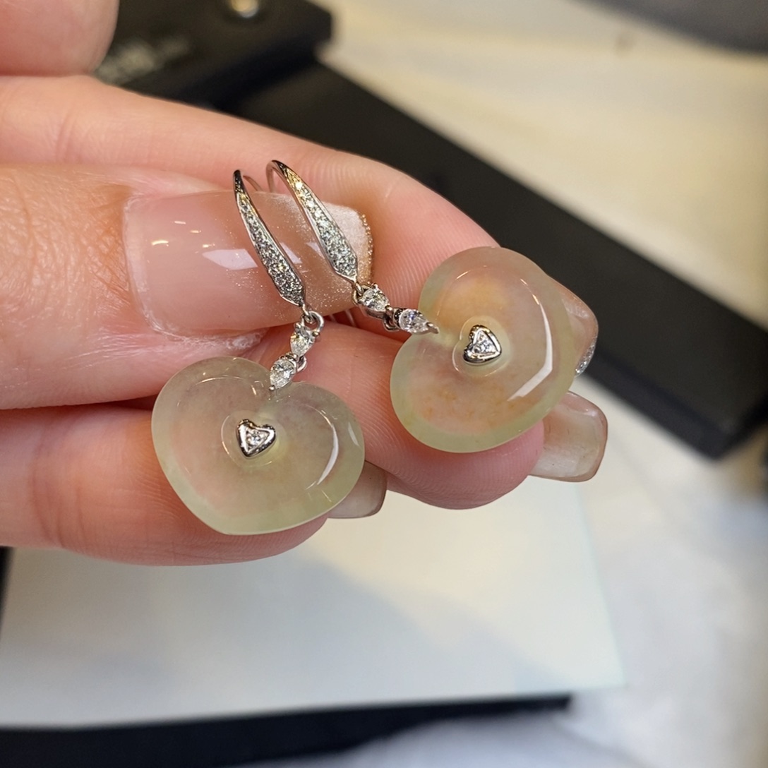 翡翠耳饰18K金镶嵌冰黄翡爱心
