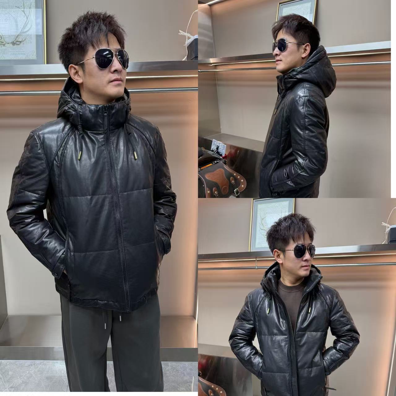 短款时尚大气连帽保暖冬季头层牛皮皮衣羽绒休闲潮流男款25707