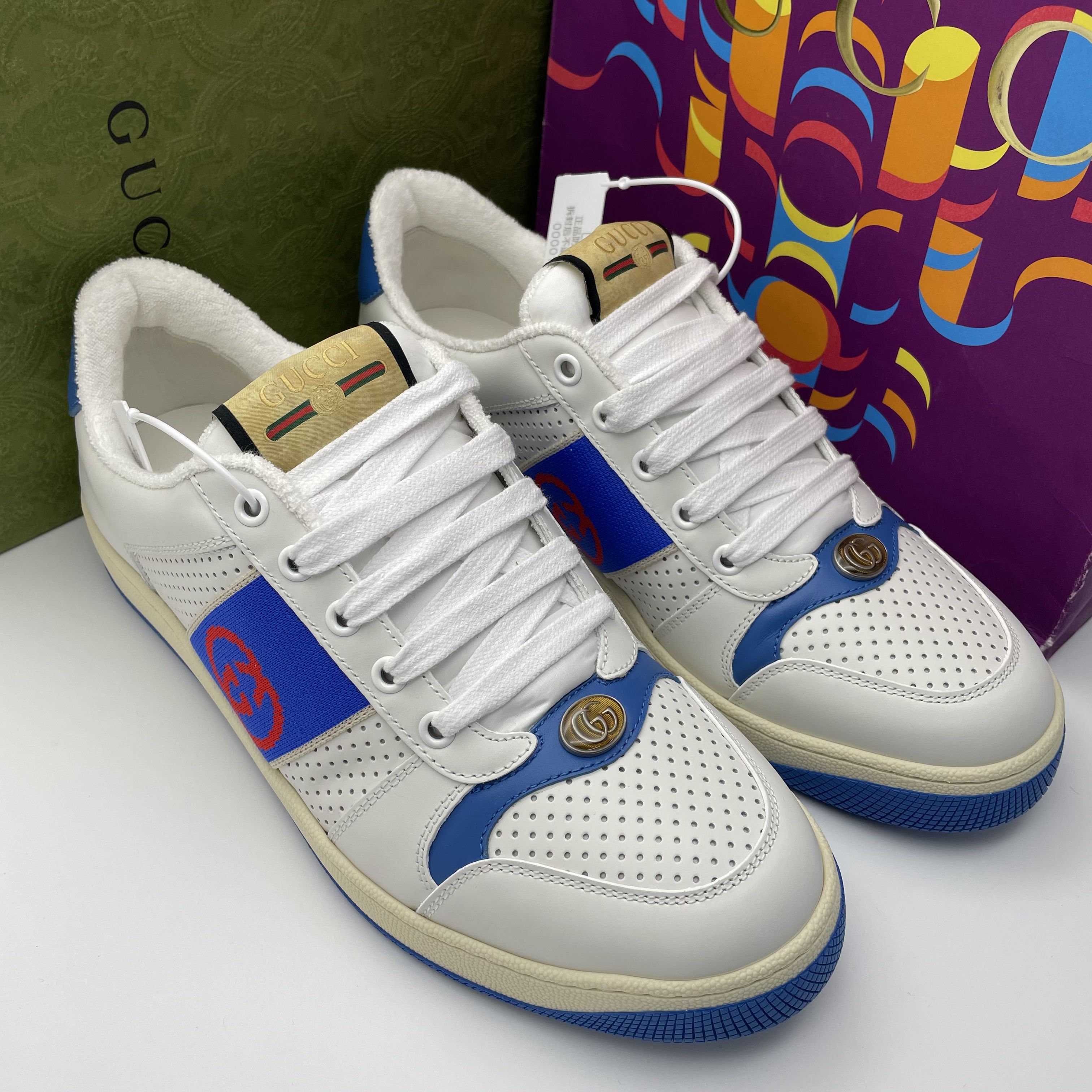未使用 GUCCI/古驰 41欧码/白蓝色网眼皮面织带侧标脏脏板鞋/全套