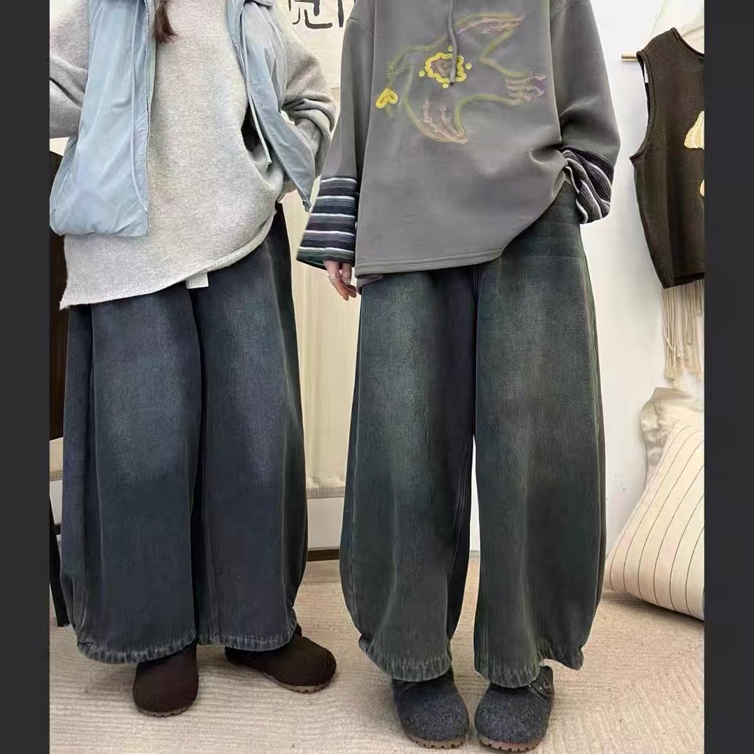 「几布见川」侧折加绒牛仔裤
