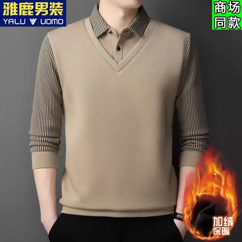 雅鹿男装加绒加厚长袖T恤冬季男士假两件翻领polo休闲保暖衣体恤