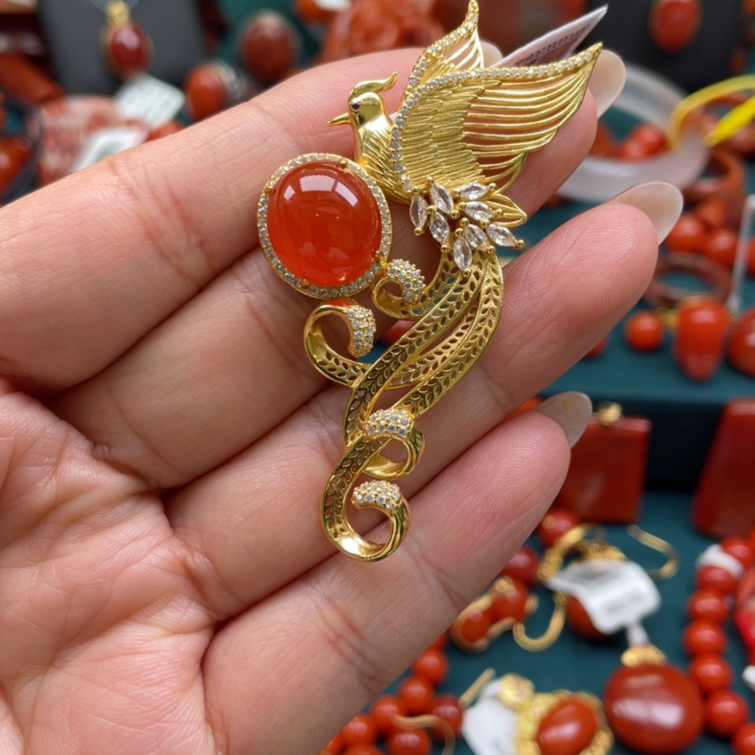 南红玛瑙银S925镶嵌保山南红冰红蛋面凤凰吊坠