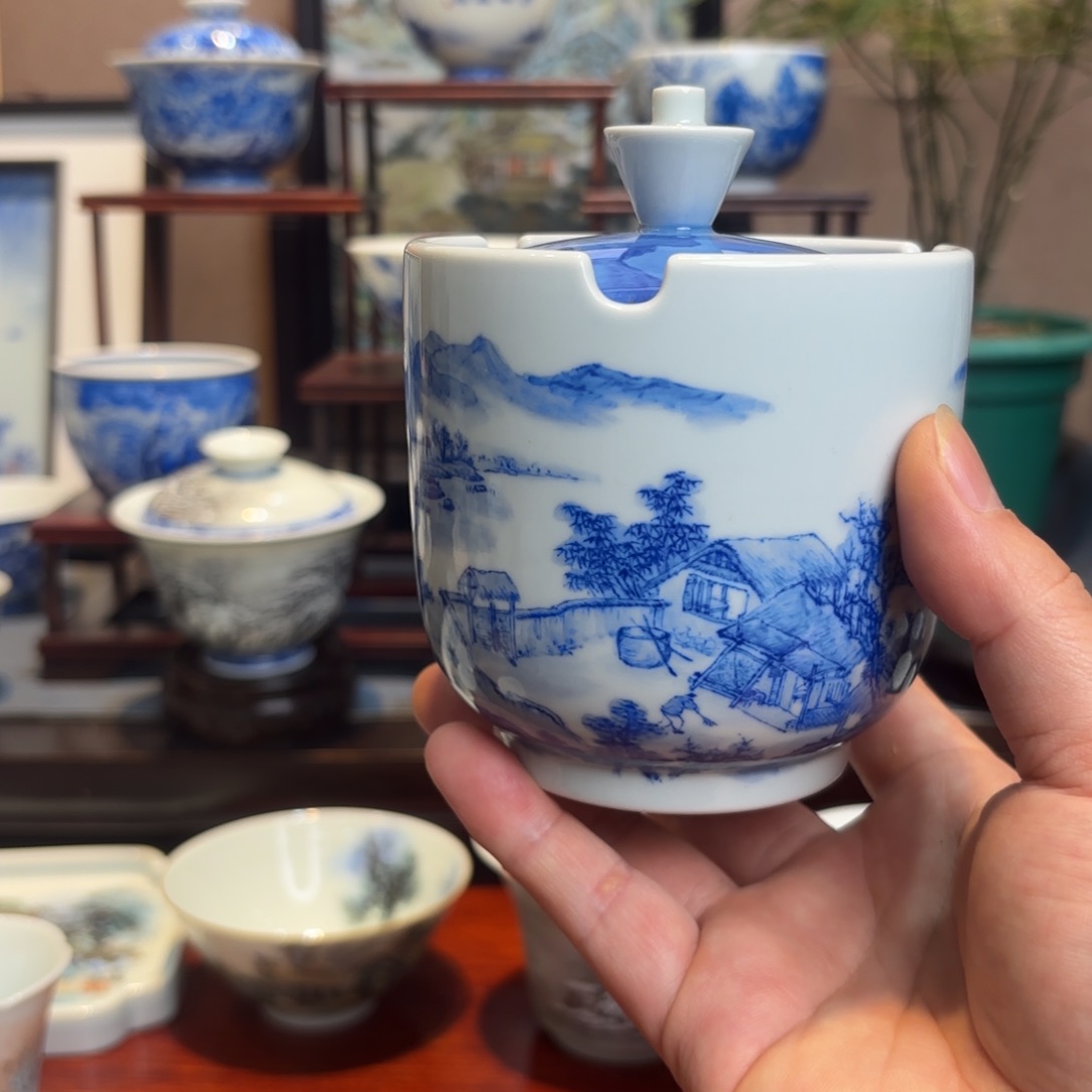 青花山水手工手绘