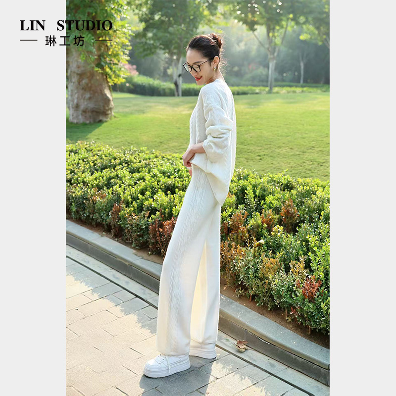 【山羊绒+绵羊毛】琳工坊“景行”白色针织裤休闲气质百搭唐琳设计师