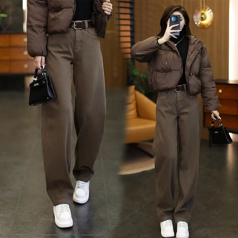 加绒窄版阔腿牛仔裤女新款高腰垂感宽松显瘦加绒直筒裤