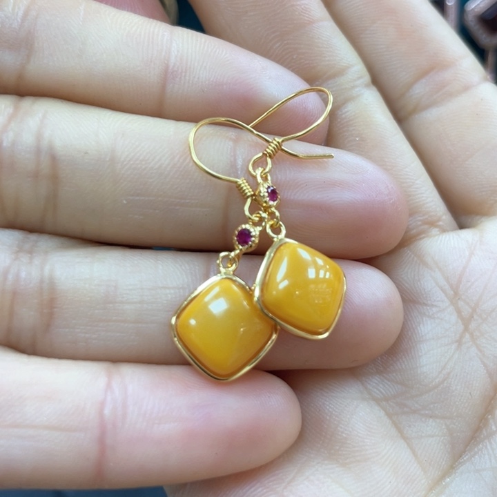 蜜蜡耳饰银S925镶嵌蜜蜡