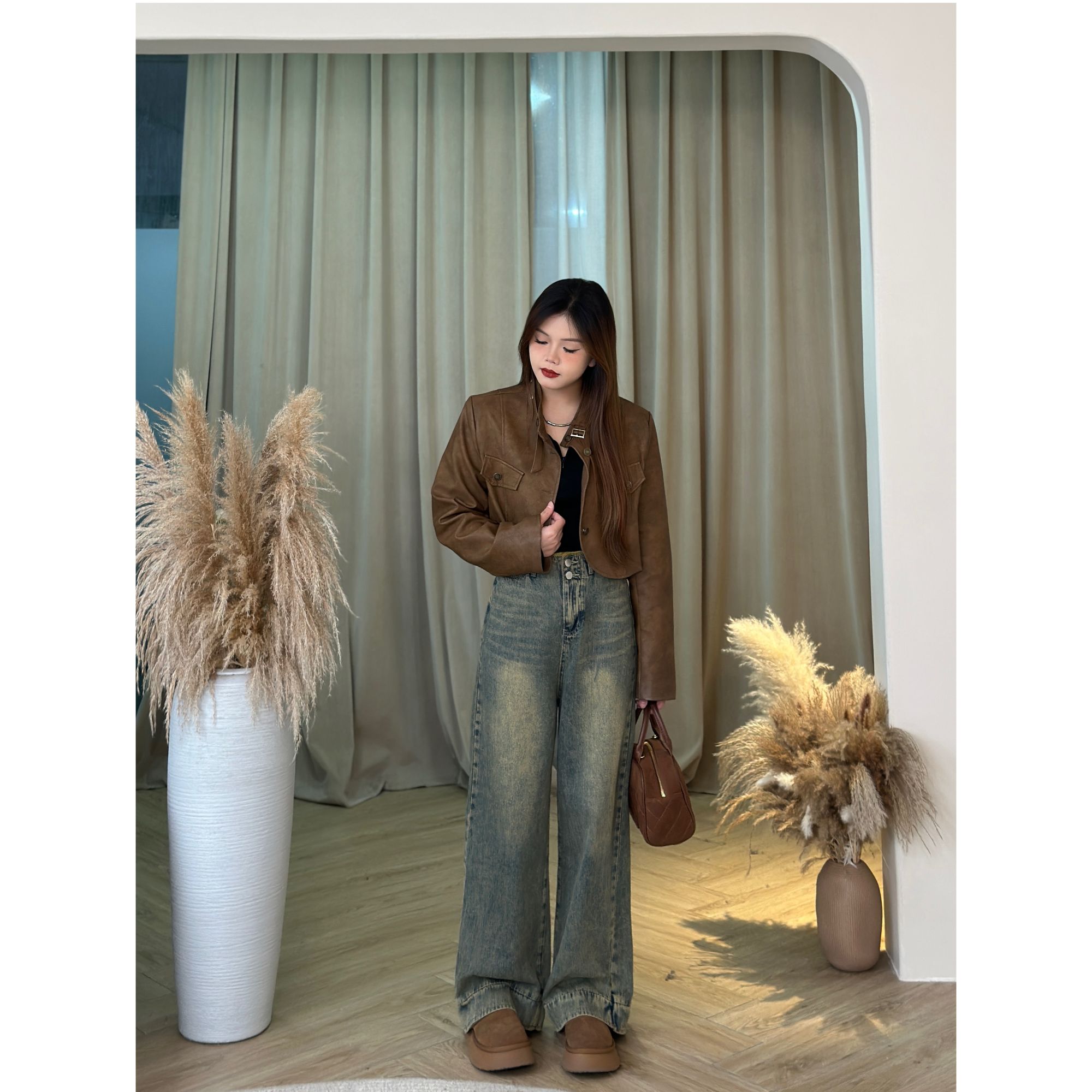 5170#百搭复古机车皮衣外套女春秋牛仔宽松短款长袖夹克上衣