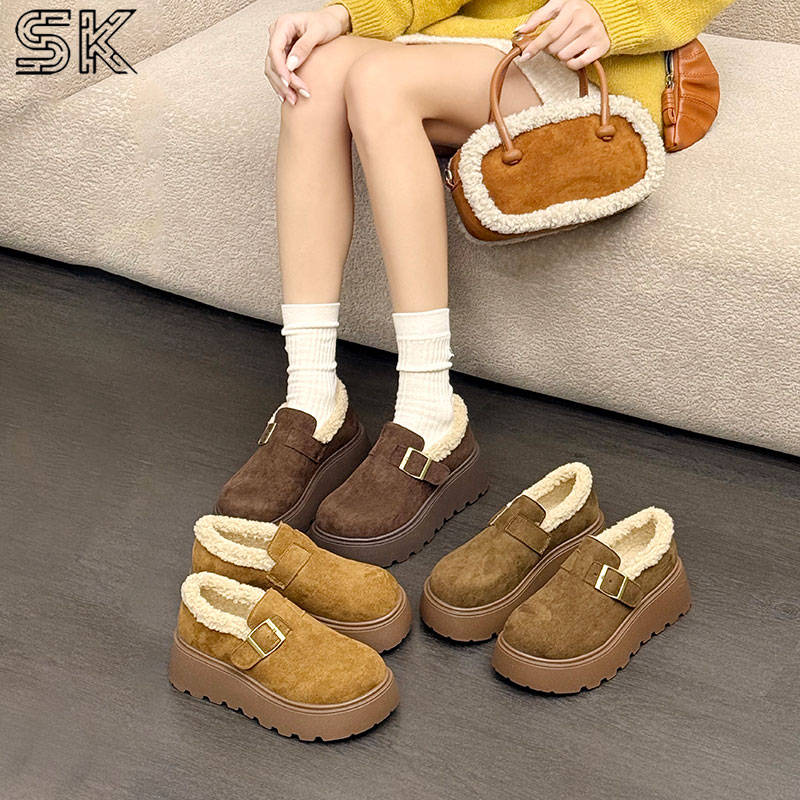 SK韩国设计潮牌冬季加绒保暖复古金属搭扣增高厚底女款勃肯鞋S883