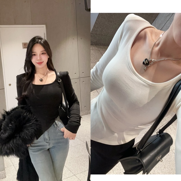 【TX】韩系高级感U领长袖T恤女秋冬不规则修身显瘦辣妹风打底衫