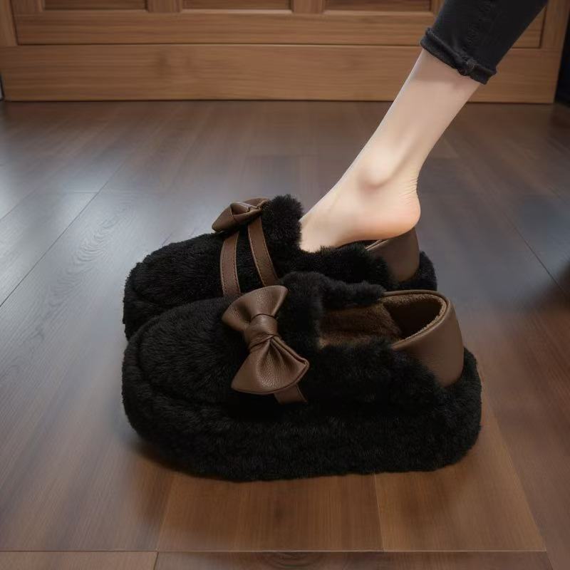 羊羔绒包头黑色毛毛鞋女外穿2025新款秋冬厚底蝴蝶结加绒棉鞋拖鞋