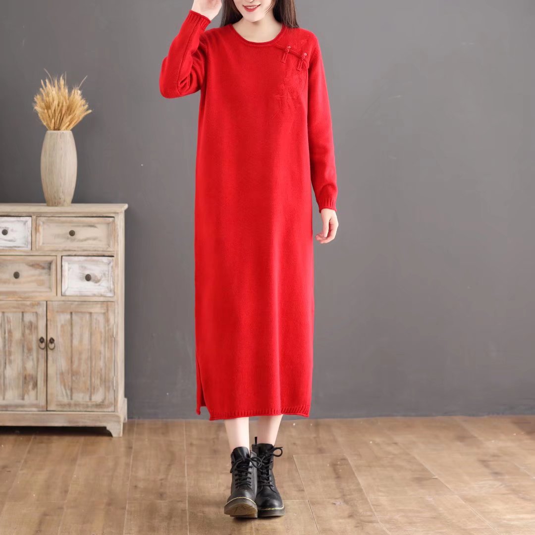 9103旗袍长款打底连衣裙秋冬季气质显瘦针织裙百搭款