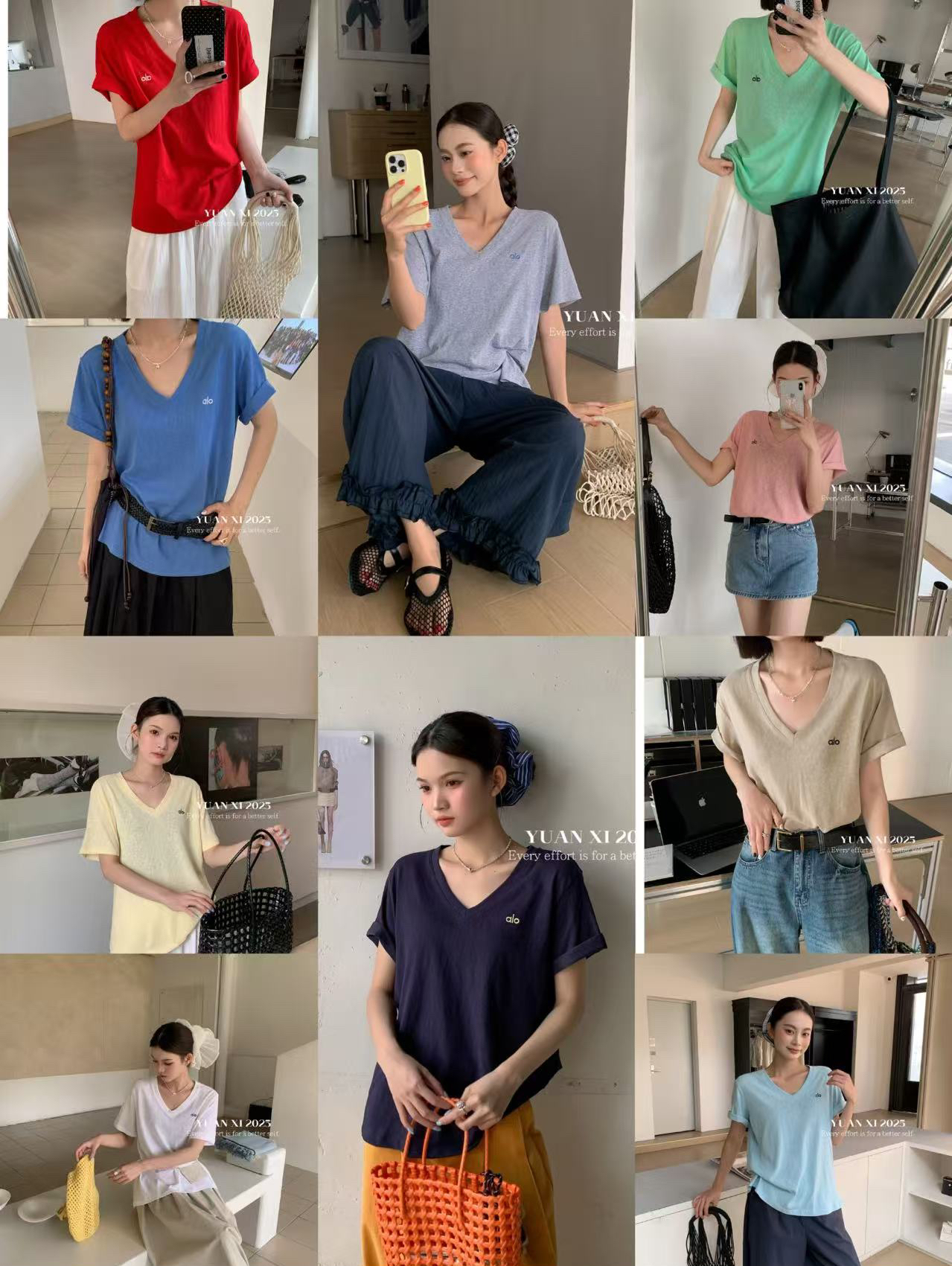 【欧尼家】元熙V领字母刺绣短袖T 衣长65