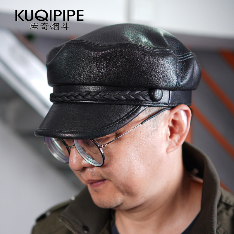 真皮平顶帽男韩版羊皮春秋潮时尚报童帽休闲机车帽中青年朋克机车