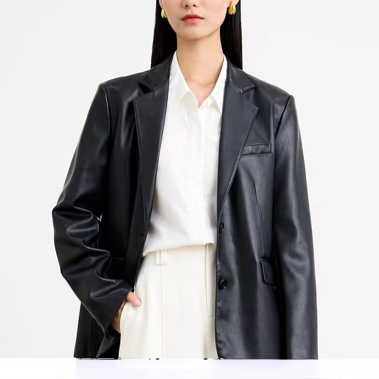 昭珺儿高端绵羊皮西装时尚女装皮衣中长款女西装外套 