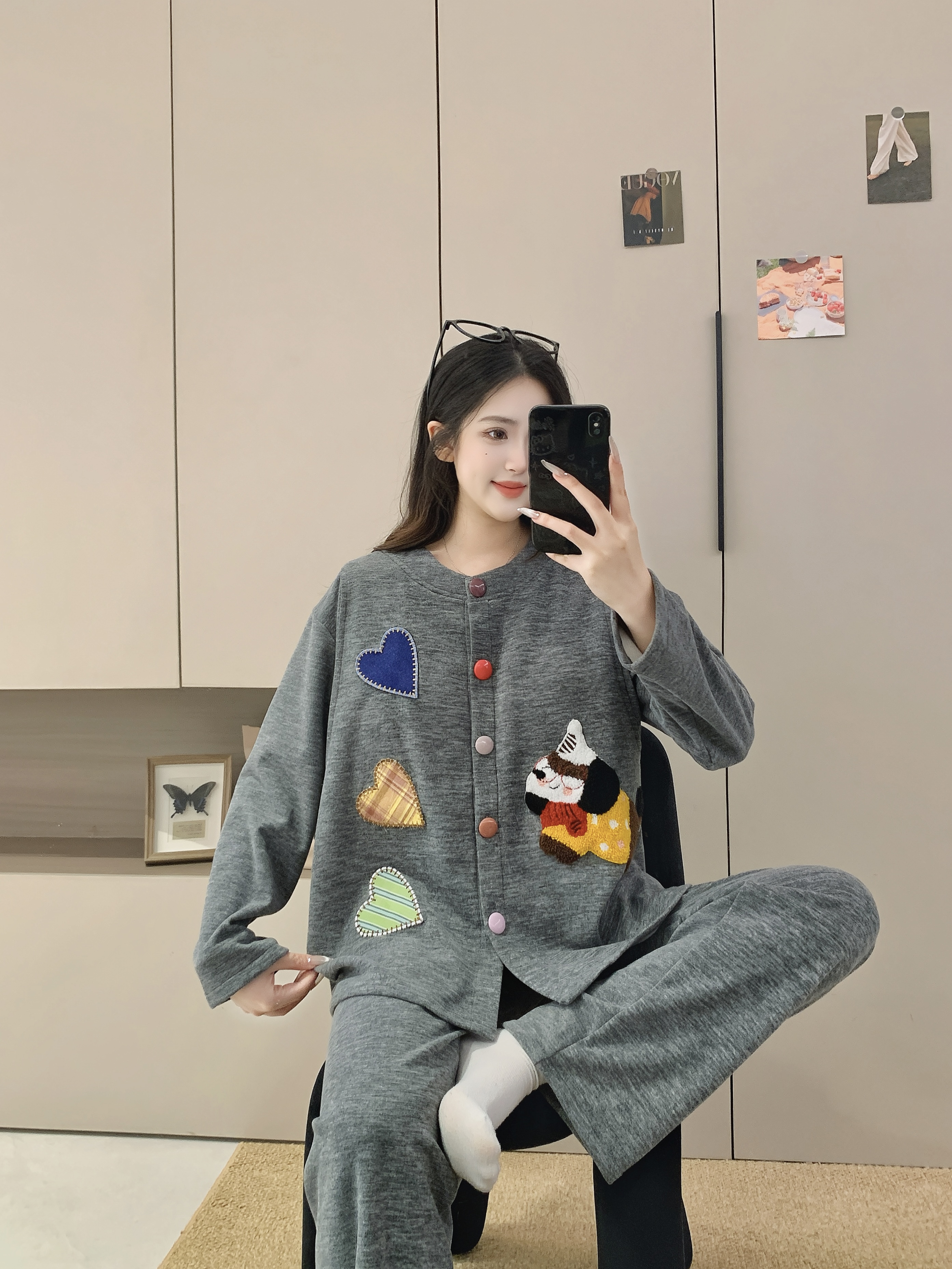 秋冬季保暖羊绒【带胸垫】加厚加绒大码产妇喂奶居家月子服睡衣套装