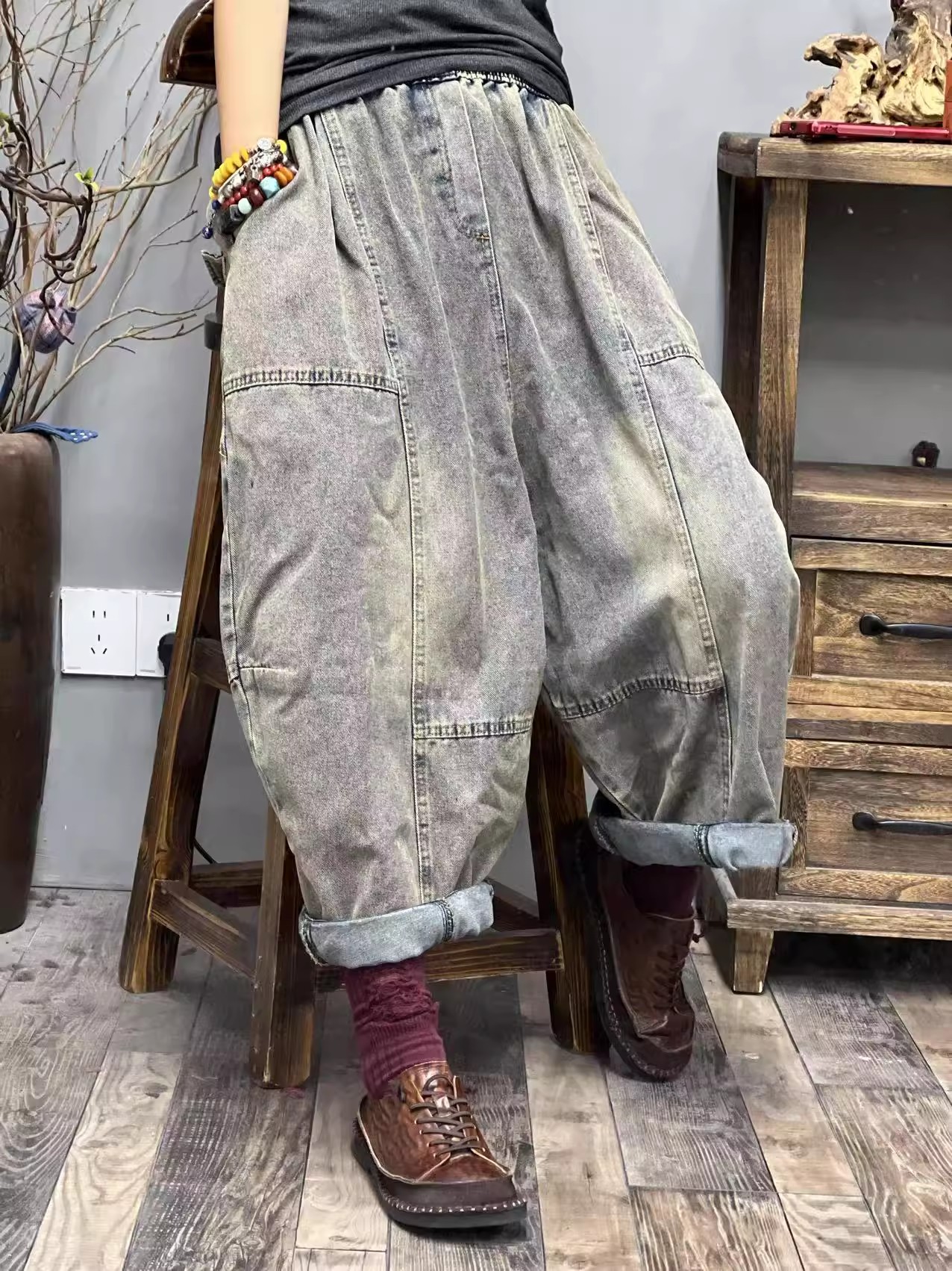 XJ 春季新品洗水怀旧文艺百搭女士牛仔裤 臀围136长82