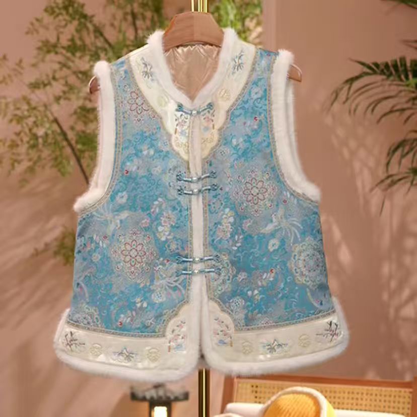 加棉马甲秋冬加厚盘扣2025中式新款国风圆领提花女士百搭坎肩上衣