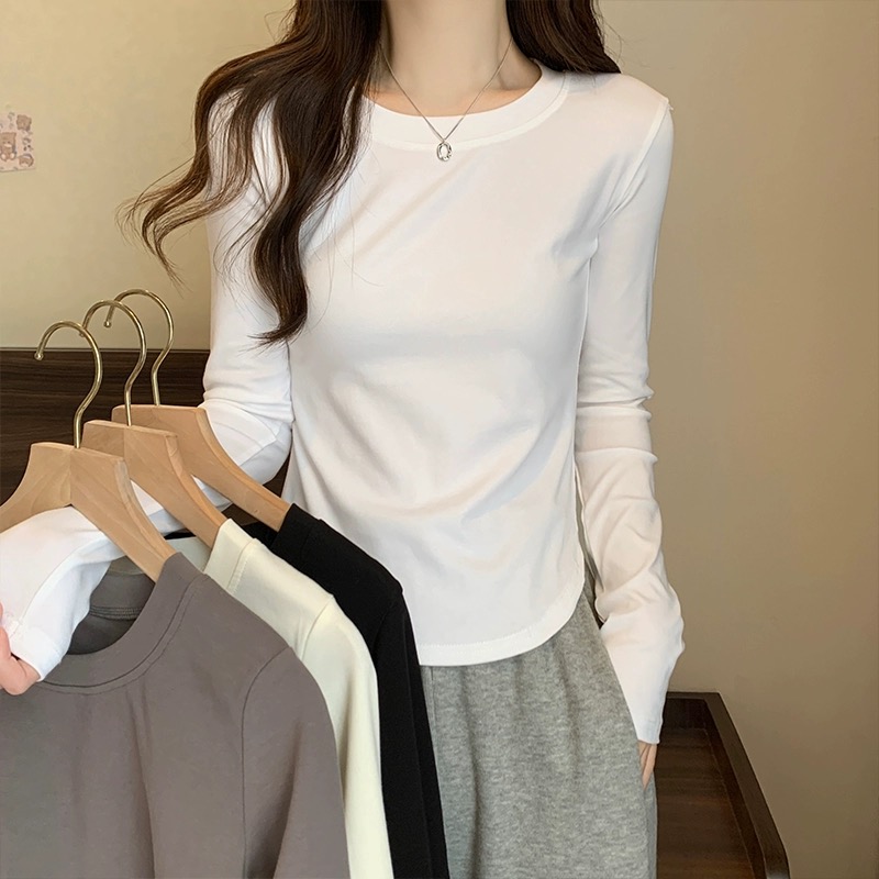 纯色正肩长袖t恤女2025年秋季新款弧形下摆设计修身显瘦打底衫ins