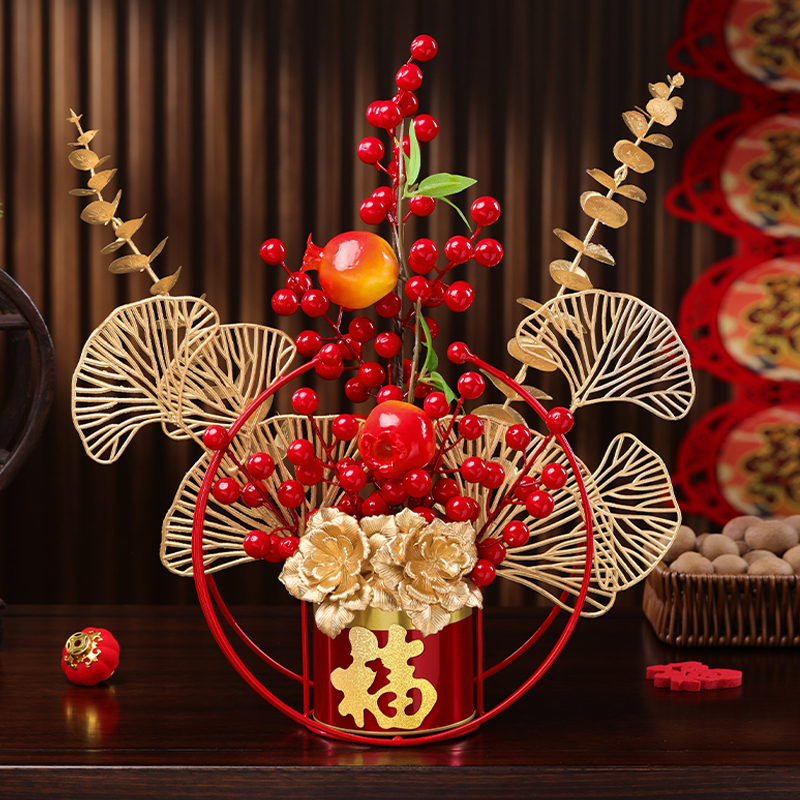 过年客厅布置高档礼品2026马年发财果福桶新年装饰摆件红果抱抱桶